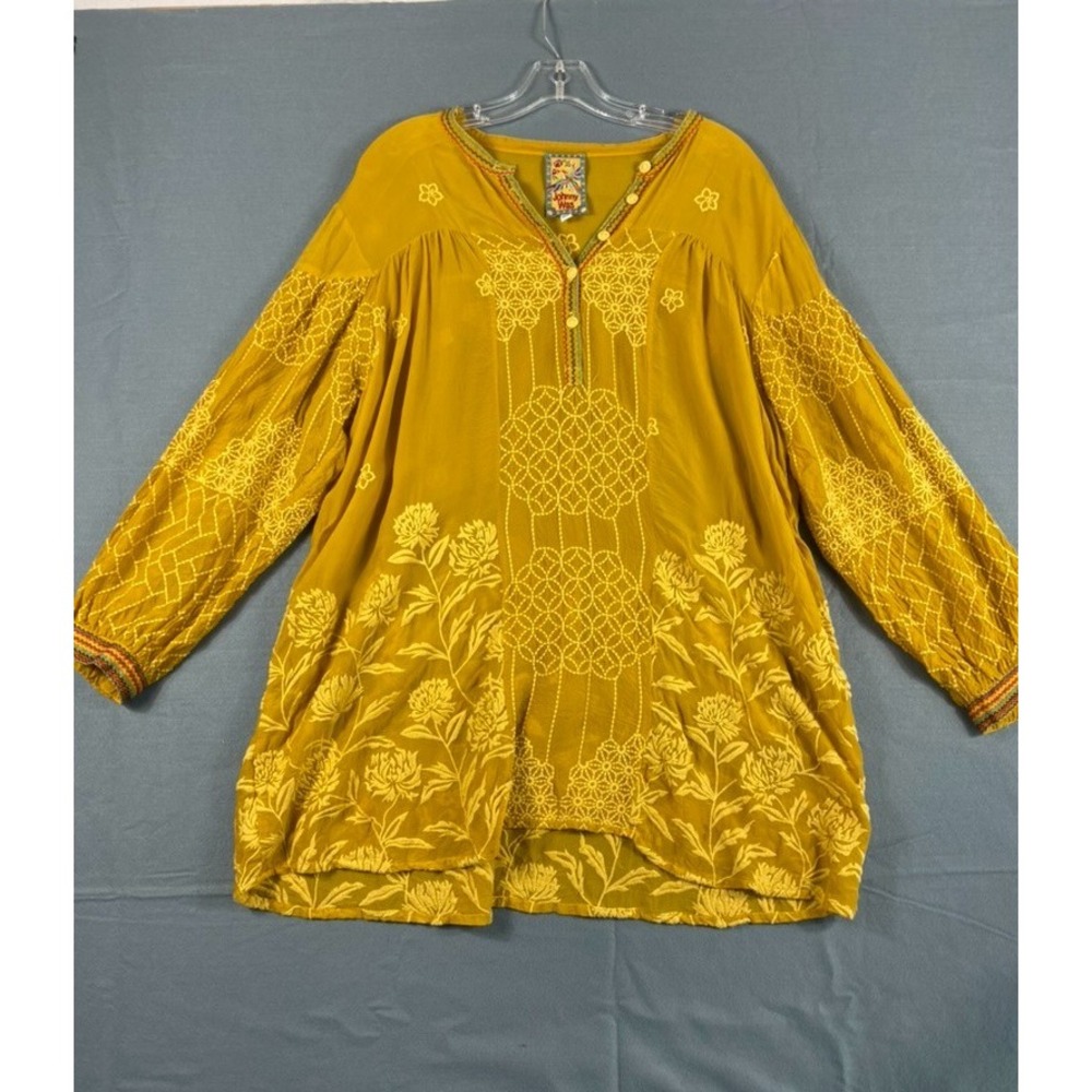 Johnny Was Tunic Blouse Top Sz XL Mustard Yellow Floral Embroidery Long Sleeve